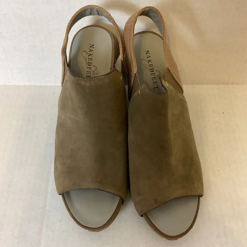 Naked Feet Platform Shoes 9M Beige Taupe Slingback Peep Toe Leather Suede